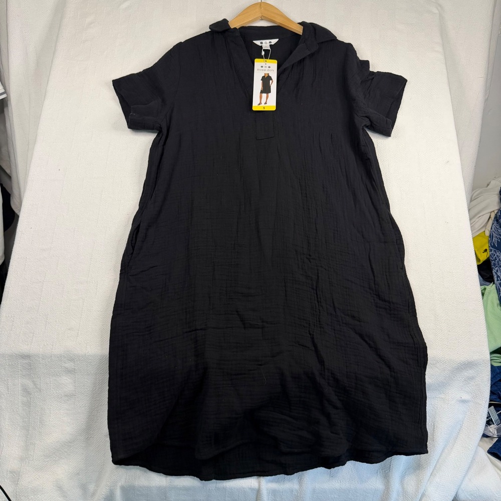 Three Dots Black Double Gauze Cotton Short Sleeve Shift Dress Small NWT 2077